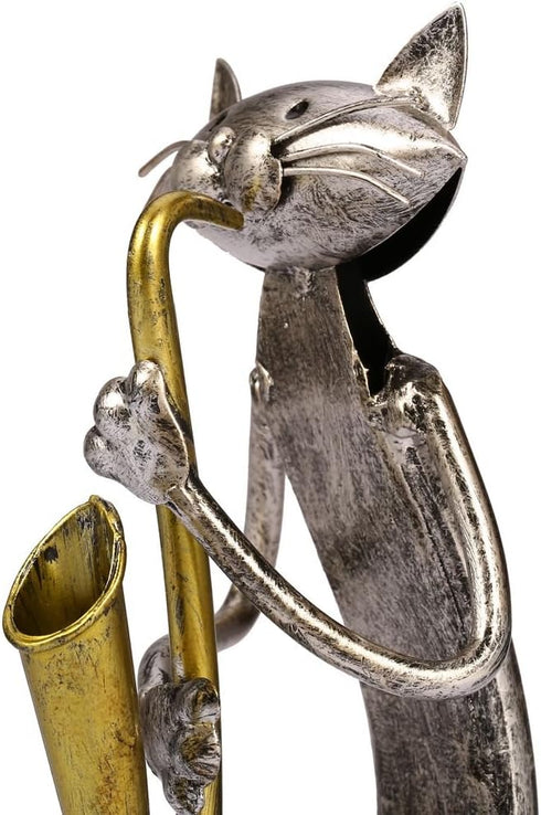 Too-arts A Playing Saxophone Cat Metal Sculpture Iron Statue Handwork Handicrafts, 3 Funny Design...