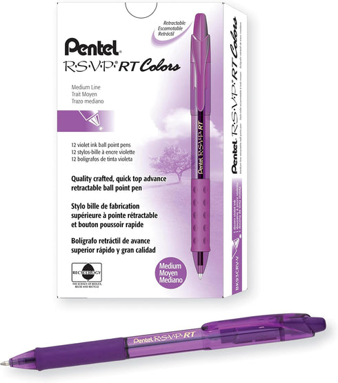 Pentel RSVP RT Colors Retractable Ballpoint Pen, (1.0mm) Medium Line, Barrel, Violet Ink, Box of 12 (BK93CRV-V)...
