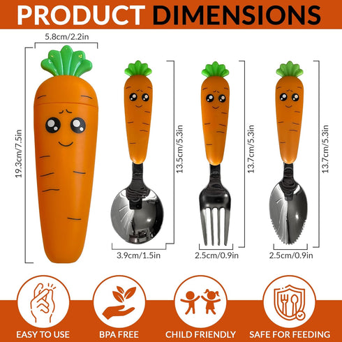 Baby Spoons with Fork | 3 Pcs Easy Grip Baby Cutlery Set with Case | Stainless Steel Toddler Utensils | Carrot Shaped Kids Silverware | Children's...
