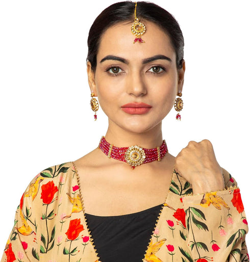 Traditional Indian Gold Plated Kundan Pearl Choker Bridal Necklace Combo with Maang Tikka and Earrings Jewellery/Jewelry Set for Women (SJN_157_PP...