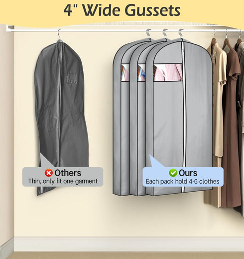 MISSLO 4" Gusseted Garment Bags for Hanging Clothes 43" Suit Bags for Closet Storage Waterproof Suit Cover Bags Hanging Clothes Storage Bag, 3 Pac...