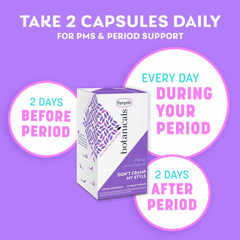 Pamprin Botanicals Supplement for PMS & Period Support, with Ashwagandha, Magnesium, Turmeric, Vitamin B6, Chasteberry, 22 Count...