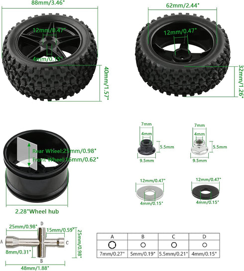4pcs RC Buggy Tires 12mm Hex Wheels and Tires for 1/10 Scale Buggy RC Off Road Vehicle Tyres with Locking Nuts Washers and Wrench Spare Parts Repl...