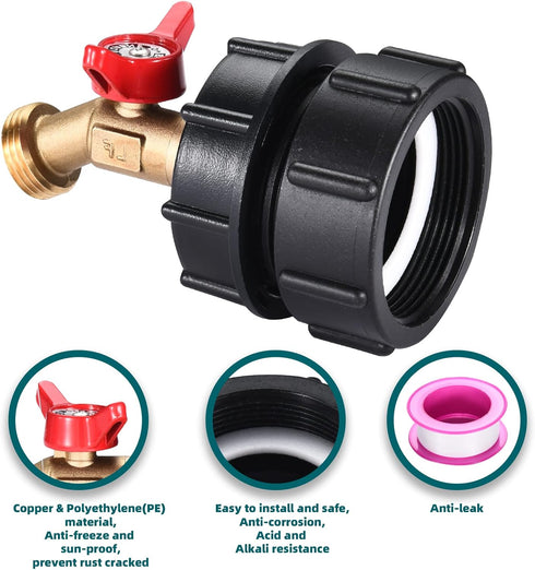 275-330 Gallon IBC Tote Tank Adapter 2.36" Fine Thread, 60mm IBC Tote Fittings with Ball Valve(Lead-Free),1/2" Male NPT Inlet ×3/4" Male GHT Threa...