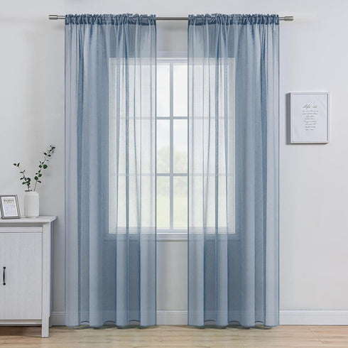 MIULEE Dusty Blue Linen Textured Sheer Curtains 84 Inches Long 2 Panels for Bedroom Living Room, Semi Transparent Farmhouse Light Blue Window Net ...
