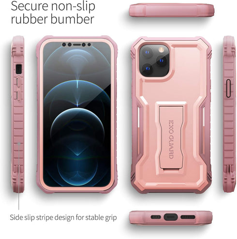 ExoGuard for iPhone 12 Case, Compatible with iPhone 12 Pro, Rubber Shockproof Full-Body Cover with Built-in Screen Protector and Kickstand - Pink...