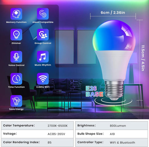 RGB Smart Light Bulbs, WiFi and Bluetooth Color Changing Light Bulbs,A19 9W 60W Equivalent 500LM, Music Sync WiFi Light Bulbs Work with Alexa & Go...