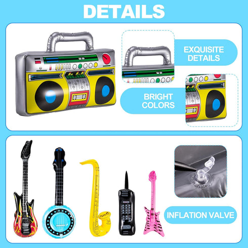 12 Pcs Inflatable Instruments,Inflatable Rock Star Toy Set,Inflatable Guitar,Blow up Guitar Inflatable Saxophone Inflatable Microphones Bass Lute ...