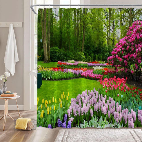 Garden Landscape Shower Curtain Colorful Flower Green Plant Tulip Floral Forest Tree Spring Nature Scenic Rustic Bathroom Home Curtain with Hooks,...