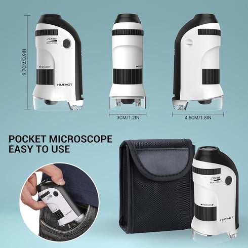 HUTACT Pocket Microscope for Kids, 60X-135X Mini Portable Microscope with 5 Microscope Slides, Handheld Microscope for Children Students...