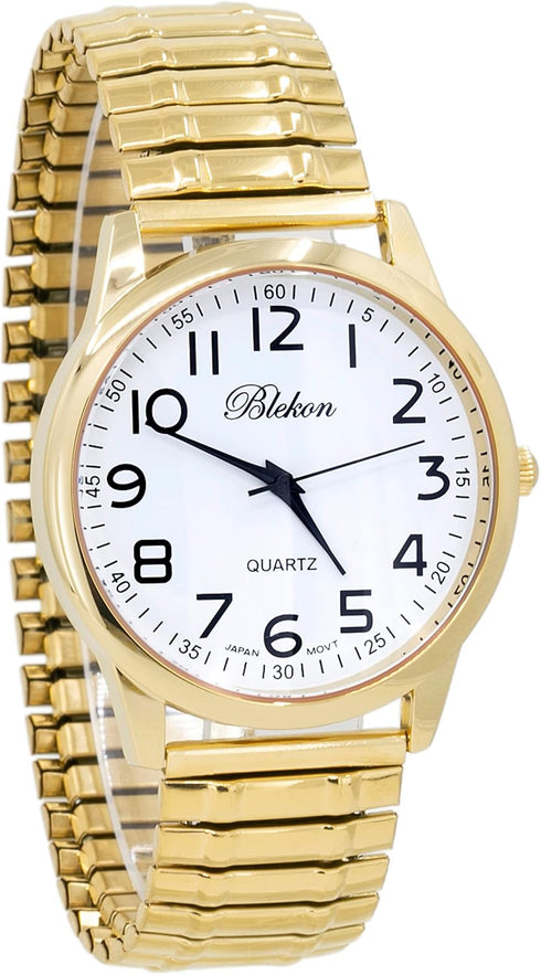 Blekon Collections Unisex Large Face Easy to Read 40mm Case Japanese Quartz Movement Stretch Band Watch (Gold)...