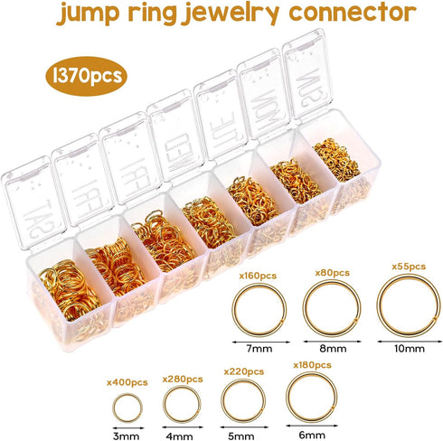 1370Pcs Gold Open Jump Rings 3/4/5/6/8/10 mm Crafts Jump Rings Kit Small and Large DIY Open Jump Ring Hoops for Jewelry Making Keychains and Neckl...