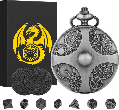 Mini DND Dice Set with Steampunk Gear Pocket Watch Shell Case, 7pcs Polyhedral Metal D&D Dice Set, DND Gifts with Gift Box, Role Playing Board Gam...