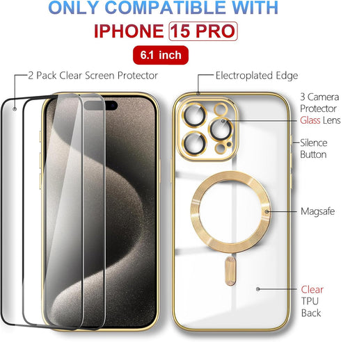 for iPhone 15 Pro Case Magsafe, Magnetic Clear Phone Case with Screen Protector and Camera Cover, Transparent Electroplated Case for Women/Girl/Me...