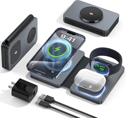 3 in 1 Charging Station for Apple Devices, 20W Magnetic Foldable Travel Wireless Fast Charger for iPhone 15/14/13/12/Pro/Max & AirPods 3/2/Pro & A...