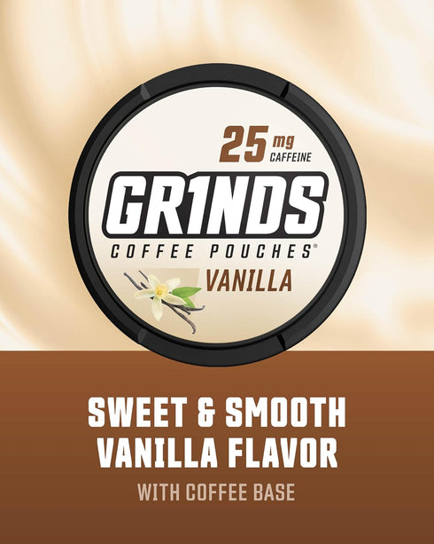 Grinds Coffee Pouches | Tobacco Free, Nicotine Free Healthy Alternative | 3 Cans of Vanilla | 18 Pouches Per Can | 1 Pouch eq. 1/4 Cup of Coffee (...