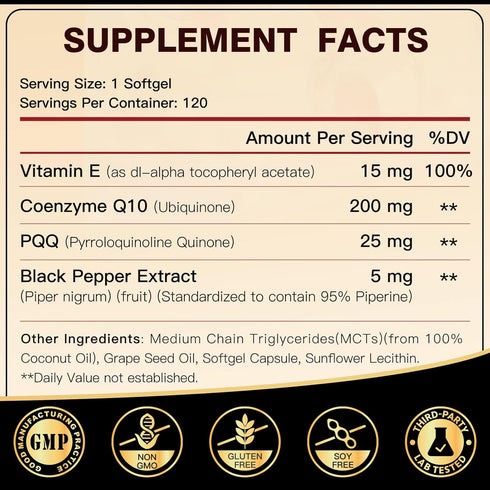Coq10 200mg Upgraded, 6X High Absorption with Vitamin E & PQQ & Black Pepper Extract, Co q 10 Supplement for Heart Supports & Energy Production, C...