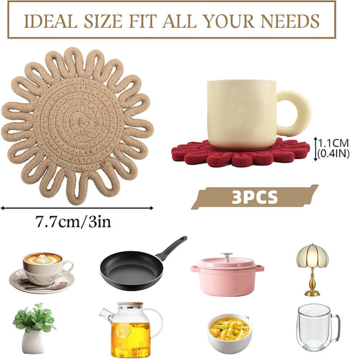3 Pcs Trivets for Hot Dishes, Pot Holders, Cotton Thread Weave Trivets for Hot Pots and Pans (Beige, Khaki, Date Red)...