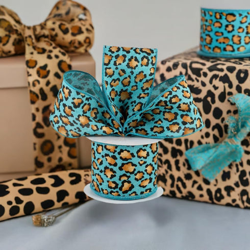 Craig Bachman 2.5" Metallic Leopard Print Ribbon: 10 Yards (Light Teal) Craft Floral Arrangement Gift Wrapping Wired Edge Ribbon...