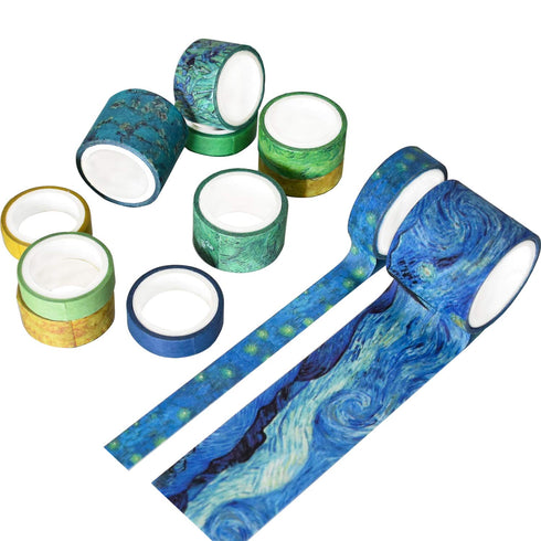 Washi Tape Set of 12 Rolls,Van Gogh Starry Night Decorative Green Leaves Floral Blue Yellow Washi Masking Tape Sets for Craft,Kids,Scrapbook,DIY,G...