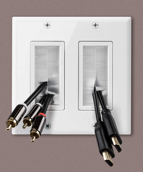 2 Gang Brush Wall Plate White Double Gang 2 outlet Cable Management for TV Cables Coax, HDMI, Ethernet Cables, Speaker Wires, low voltage Universa...