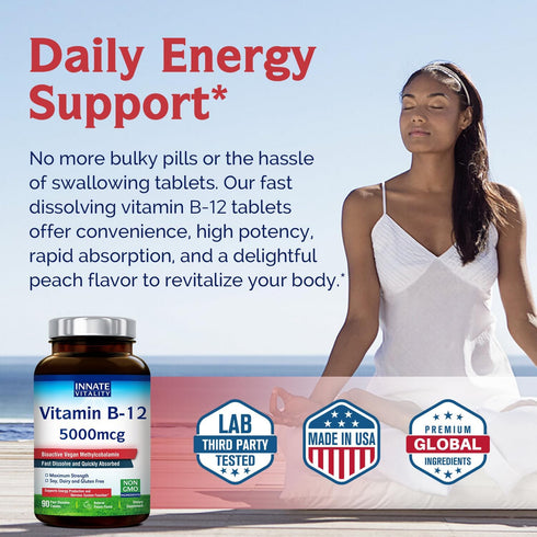 Innate Vitality Vitamin B12 5000mcg, Vegan Methylcobalamin, Fast Dissolve Tablets, Natural Peach Flavor, Supports Energy Production & Healthy Nerv...