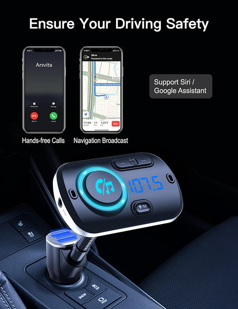 Arsvita Upgraded Bluetooth FM Transmitter for Car, Radio Receiver/Audio Adapter with Gooseneck Dual Car Charger, Support QC3.0 Quick Charging, Han...