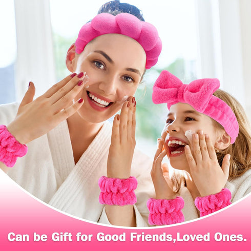 4Pcs Spa Headband for Washing Face Wristbands Set Women Bubble Skincare Makeup Sponge Terry Cloth Padded Puffy Headband Bow Tie Hairband Cute Non ...