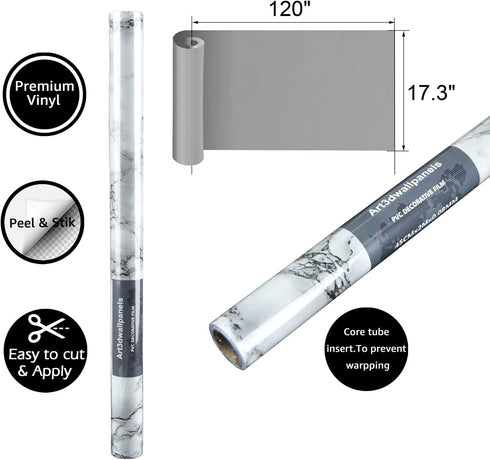 Art3d 120"x17.3" Self-Adhesive Wallpaper, Peel and Stick Grey Marble Paper, Matt...