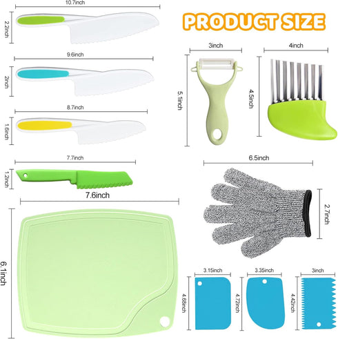 11 Pcs Kids Kitchen Knife Set, Kids Knife Set for Real Cooking, Toddler Knife Set Include Kid Safe Knives, Dough Cutter, Crinkle Cutter, Cutting B...
