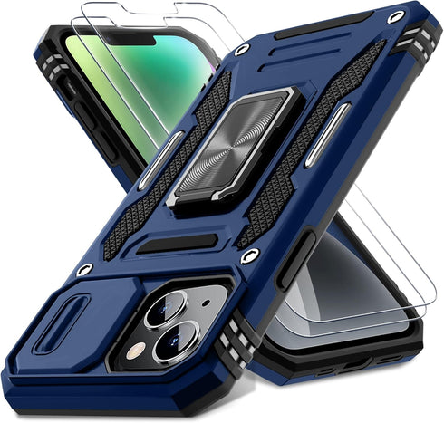DEERLAMN for iPhone 13 Case, iPhone 14 Case with Slide Camera Cover + Screen Protector (2 Packs), Rotated Ring Kickstand Military Grade Shockproof...