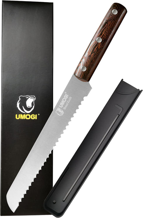 Bread Knife 8 Inch with Sheath - German High Carbon Stainless Steel, Ergonomic Grip Full Tang Wood Handle - Serrated Edge Home Kitchen Knife for B...