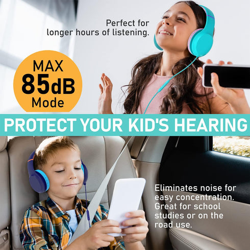 FosPower Kids Headphones (Safe Volume Limit 85 dB), Childrens Headphones Over The Ear with Built-in Mic, 3.5mm Tangle-Free Cable for Boys/Girls/Sc...