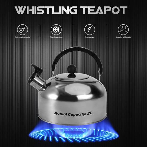 Amosfun 2L Whistling Tea Kettle 7.8 Inch Bottom Stainless Steel Stove Top Teapot with Ergonomic Handle, Milk Warmer for Stovetop Induction Gas Sto...