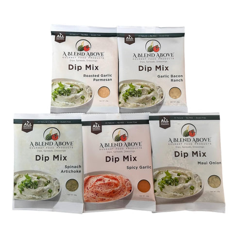 A Blend Above Best Sellers Dip Mix 5 Pack Includes Roasted Garlic Parmesan, Maui Onion, Garlic Bacon Ranch, Spicy Garlic, and Spinach Artichoke...