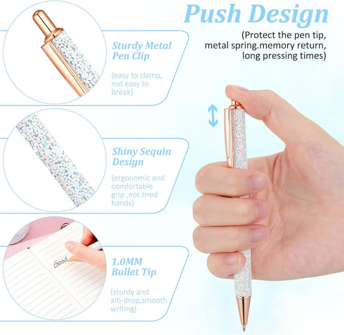 Bling Sequin Pen Holder with 6 Pcs Sequin Click Pens Cute Sequin Glitter Retractable Ballpoint Pens, Pencil Cups for Desk Organizer Makeup Brush H...