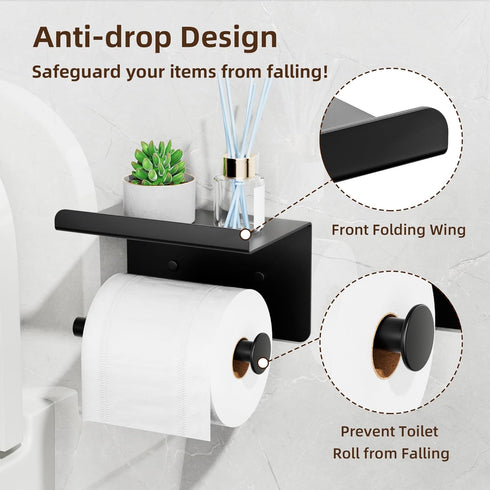 Adhesive Toilet Paper Holder with Phone Shelf, Wall Mounted Toilet Paper Roll Holder, Rustproof Bathroom Tissue Roll Holder with Shelf, Sticky Toi...