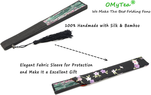OMyTea® Women Hand Held Silk Folding Fan with Bamboo Frame - with a Fabric Sleeve for Protection for Gifts - Sakura Cherry Blossom Pattern (WZS-2)...