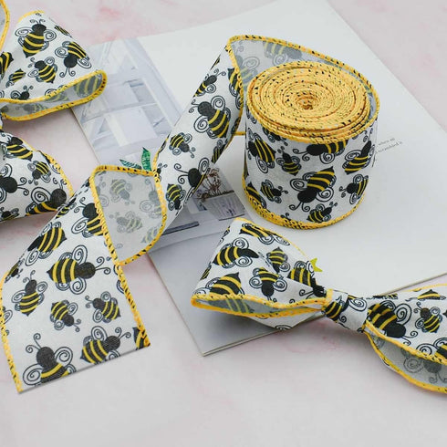 10 Yards Bee Wired Edge Ribbon Bumble Bee Burlap Ribbon Polyester Fabric Summer Bee Decorative Ribbons for Gift Wrapping DIY Craft Party Decoratio...