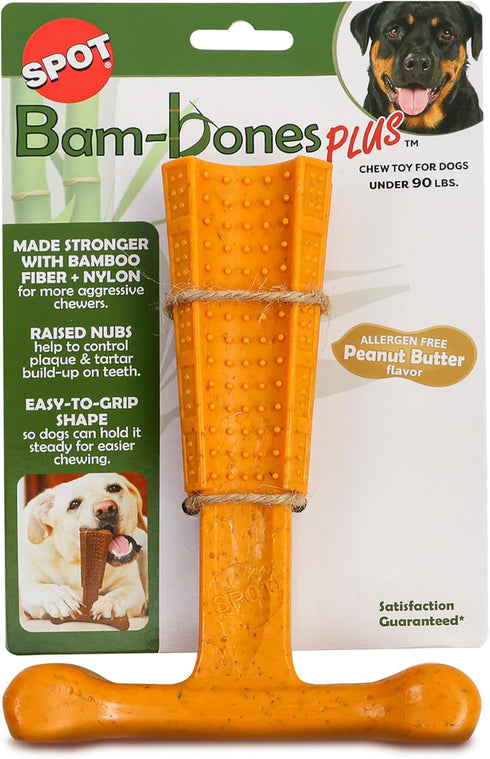 SPOT Bam-bones PLUS T Bone - Bamboo Fiber & Nylon, Durable Long Lasting Dog Chew for Aggressive Chewers – Toy for Dogs & Puppies under 90lbs, Non-...