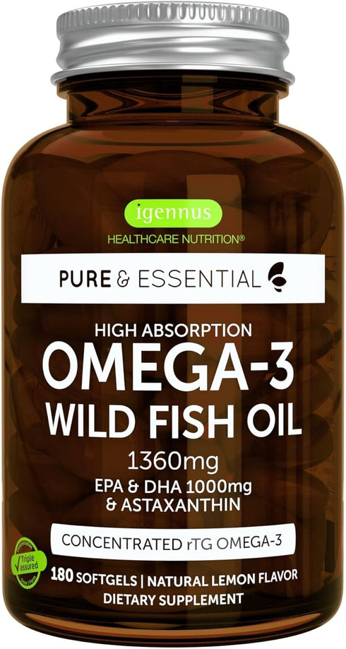 Super Concentrated rTG Omega 3 Wild Fish Oil 1000mg, Clean Label Free from Environmental Toxins, EPA DHA, 2:1 Ratio, Non-GMO, Astaxanthin 1mg, Lem...