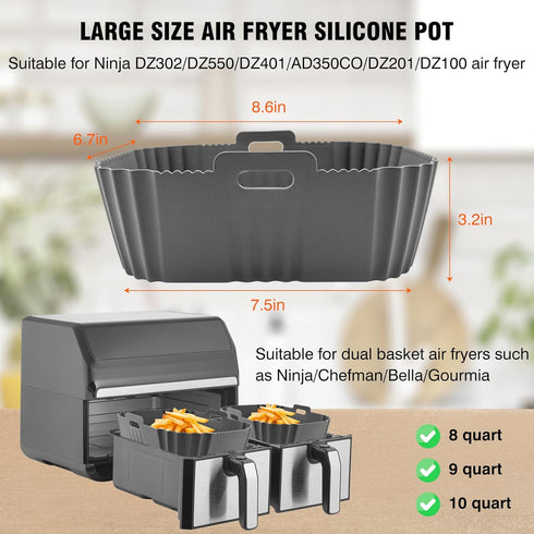 Large Air Fryer Silicone Liner for 8-10QT Ninja Dual Basket Air Fryer, Non-Stick Air Fryer Pot, Rectangular Air Fryer Silicone Basket, Reusable Ai...