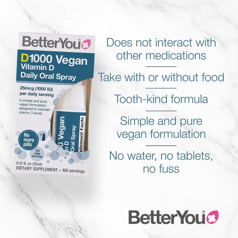 BetterYou D1000 Vegan Vitamin D Oral Spray - Convenient Alternative for Tablets - Plant-Origin - Promotes Strong Bones, Teeth and Immune System - ...