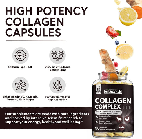 Collagen Peptides Complex, Type I, II, III, 2025 MG, Hydrolyzed Multi Collagen, VC, Biotin, HA, Turmeric & Black Pepper, for Skin, Hair, Nails, Jo...