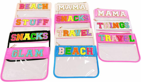 Clear Makeup Letter Bag,Letter Patch Makeup Bag,Chenille Letter bag,Stadium Letter Bags,Preppy Clear Makeup bags,Cosmetic Toiletry Clear Pouches b...