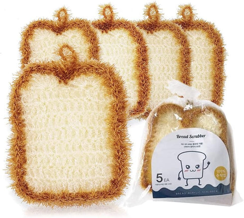 5 Pcs Cute Crochet Scrubbers, Toast Shaped No Odor Non-Scratch Reusable Scrub for Kitchen and Household Use Double Layered Scrubbers Cleaning Wash...
