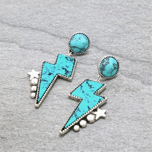 Natural Western Turquoise Lightning Bolt Stud Hoop Dangling Earrings Necklace Bohemian for Women Jewelry Flower Vintage Ethnic Statement Holiday...