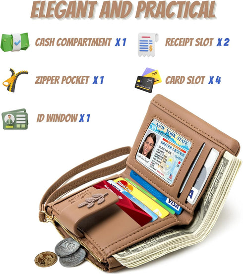Small Bifold Wristlet Wallet for Women – Handmade, RFID Blocking Wallet Case with Credit Card Sleeves, Cash & Coin Storage Compartments – Mini Pur...
