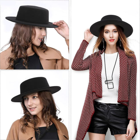 Fashion Classic Black Fedora Flat Hat, Wide Brim Jazz Hats Church Derby Cap for Women and Men...
