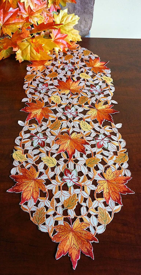 GRANDDECO Thanksgiving Harvest Table Runner Embroidered Cutwork Maple Leaves Dresser Scarf Table Cover Autumn Or Fall Decorations (Table Runner 13...